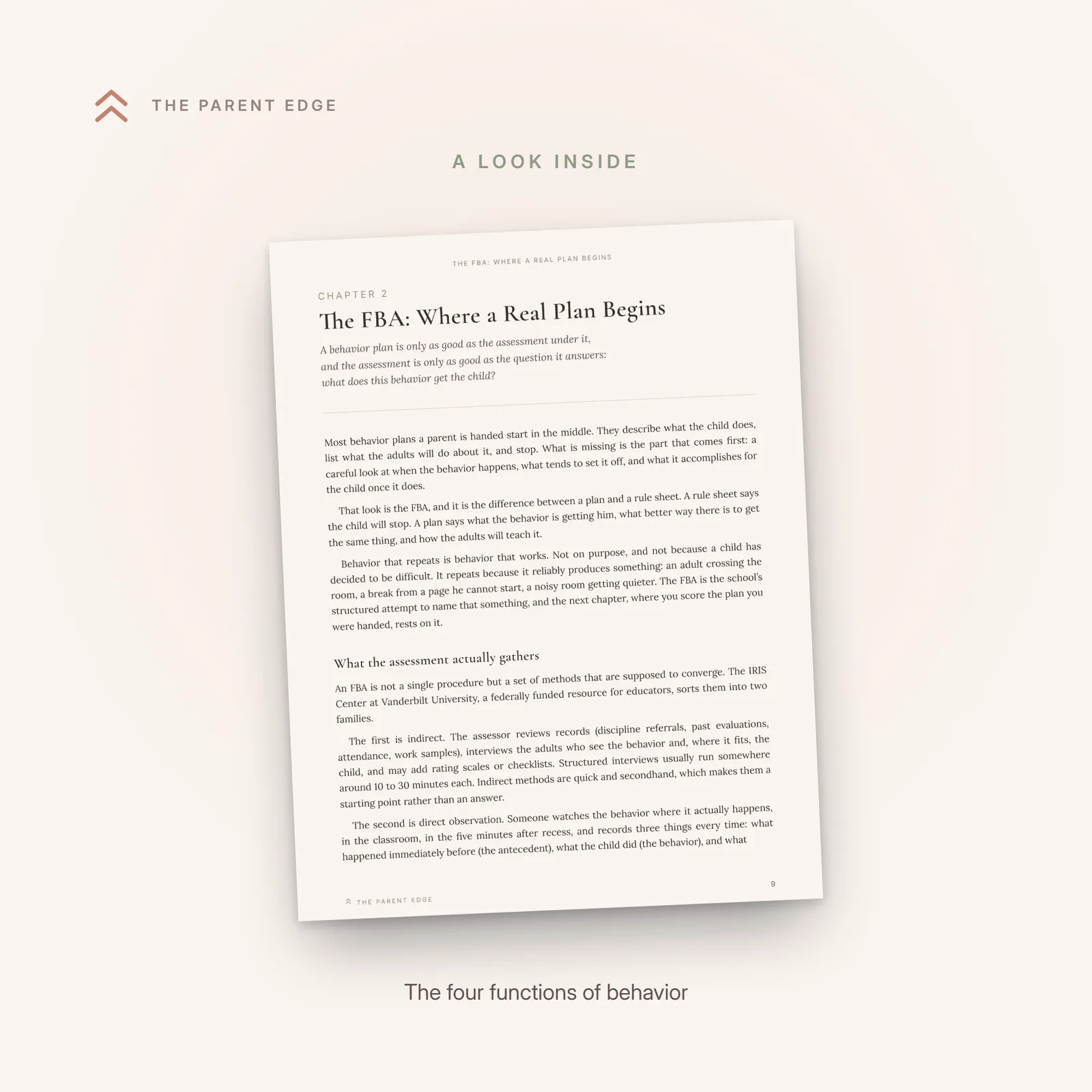 Sample guide page with a table of the four functions of behavior - attention, access to items, escape or avoid, and sensory - showing what each looks like and what replaces it.