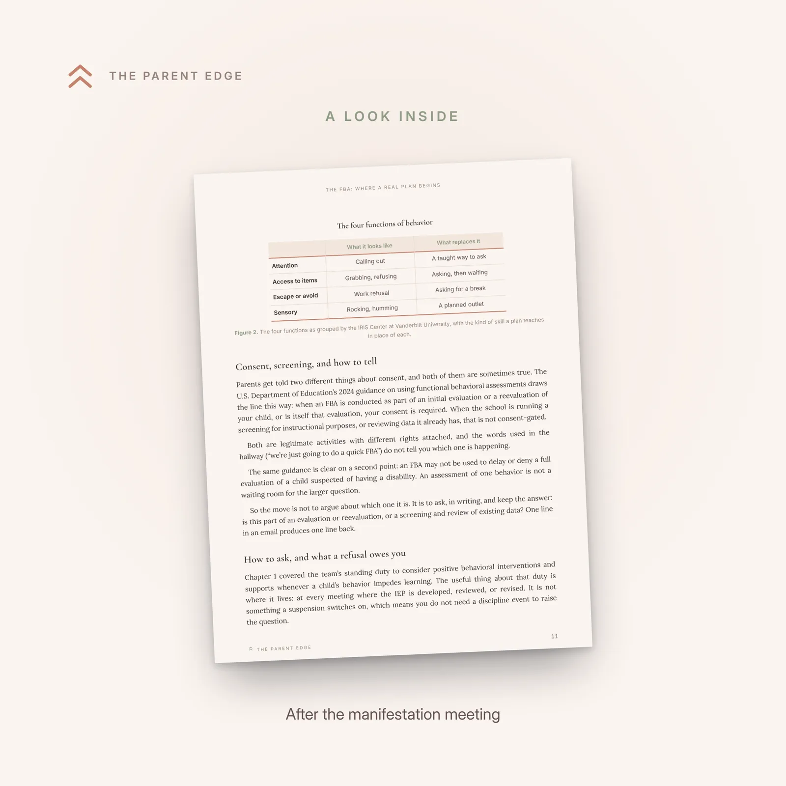 Sample guide page with a flowchart of what follows the manifestation determination's two questions, from an FBA and return to placement to the usual discipline rules.