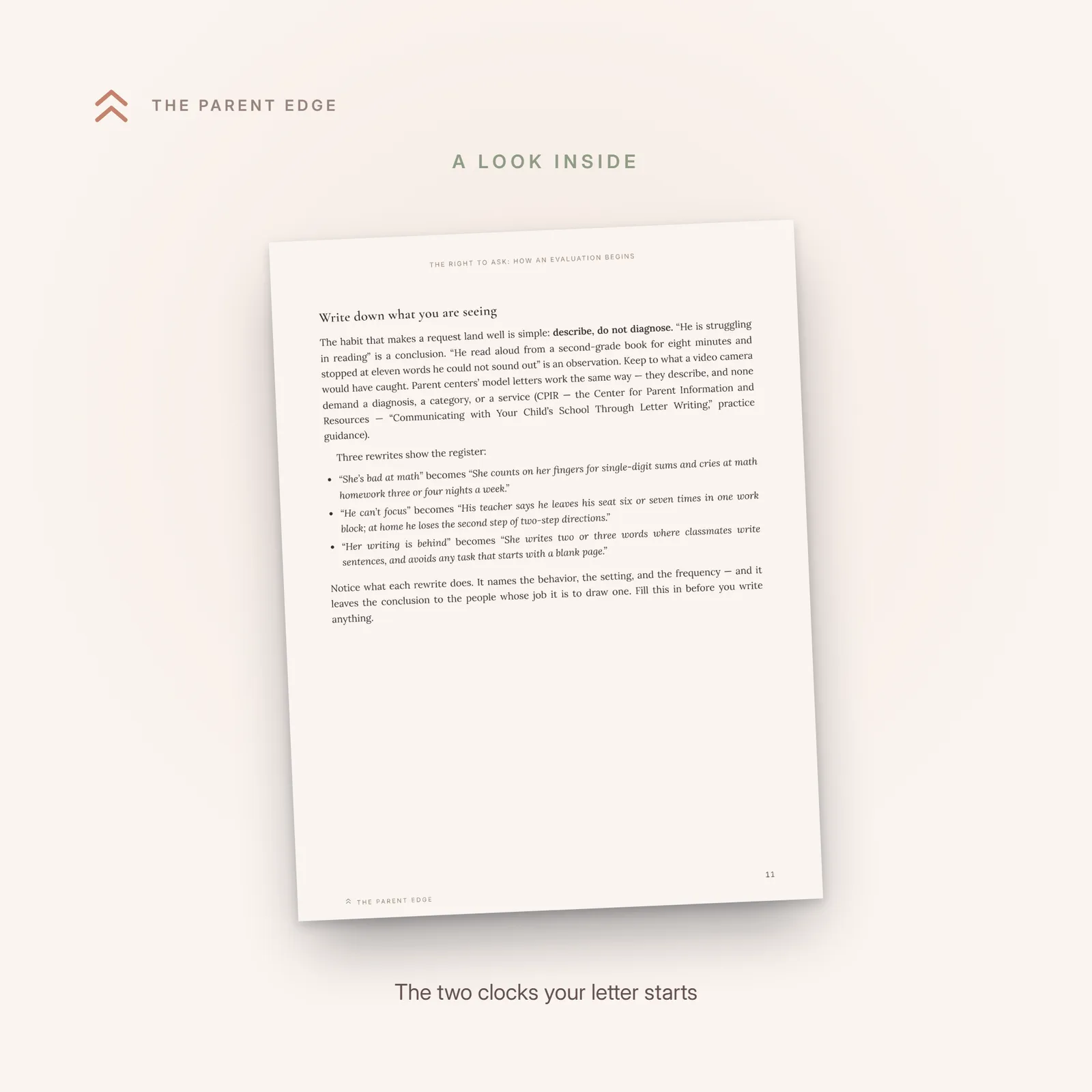 Inside page from the guide showing the two clocks a written evaluation request starts
