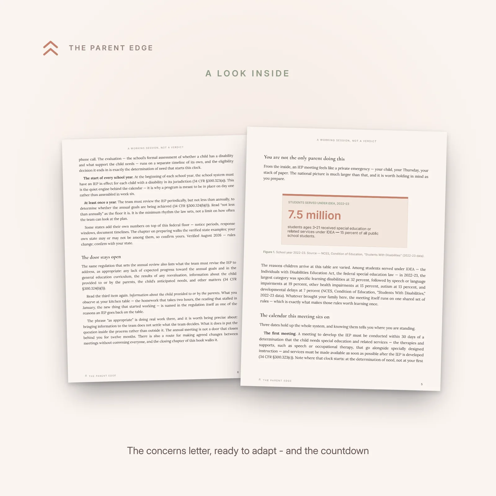 Two sample pages: the fill-in Parent Concerns Statement letter template and the two-week meeting-preparation countdown timeline.