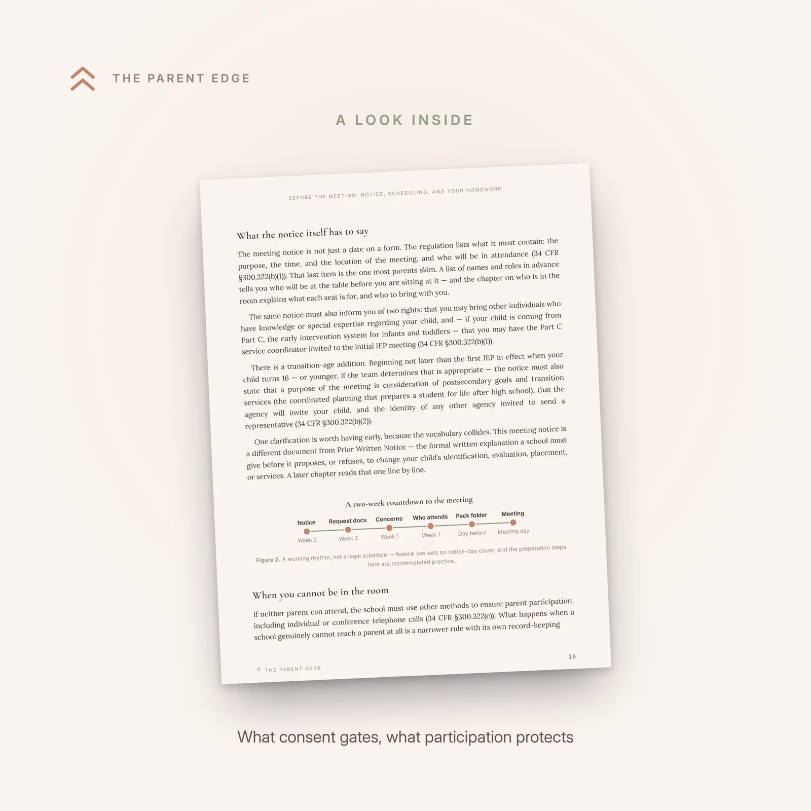 Sample page comparing what parental consent gates with what participation protects - the three consent moments on one side and the annual-review protections on the other.