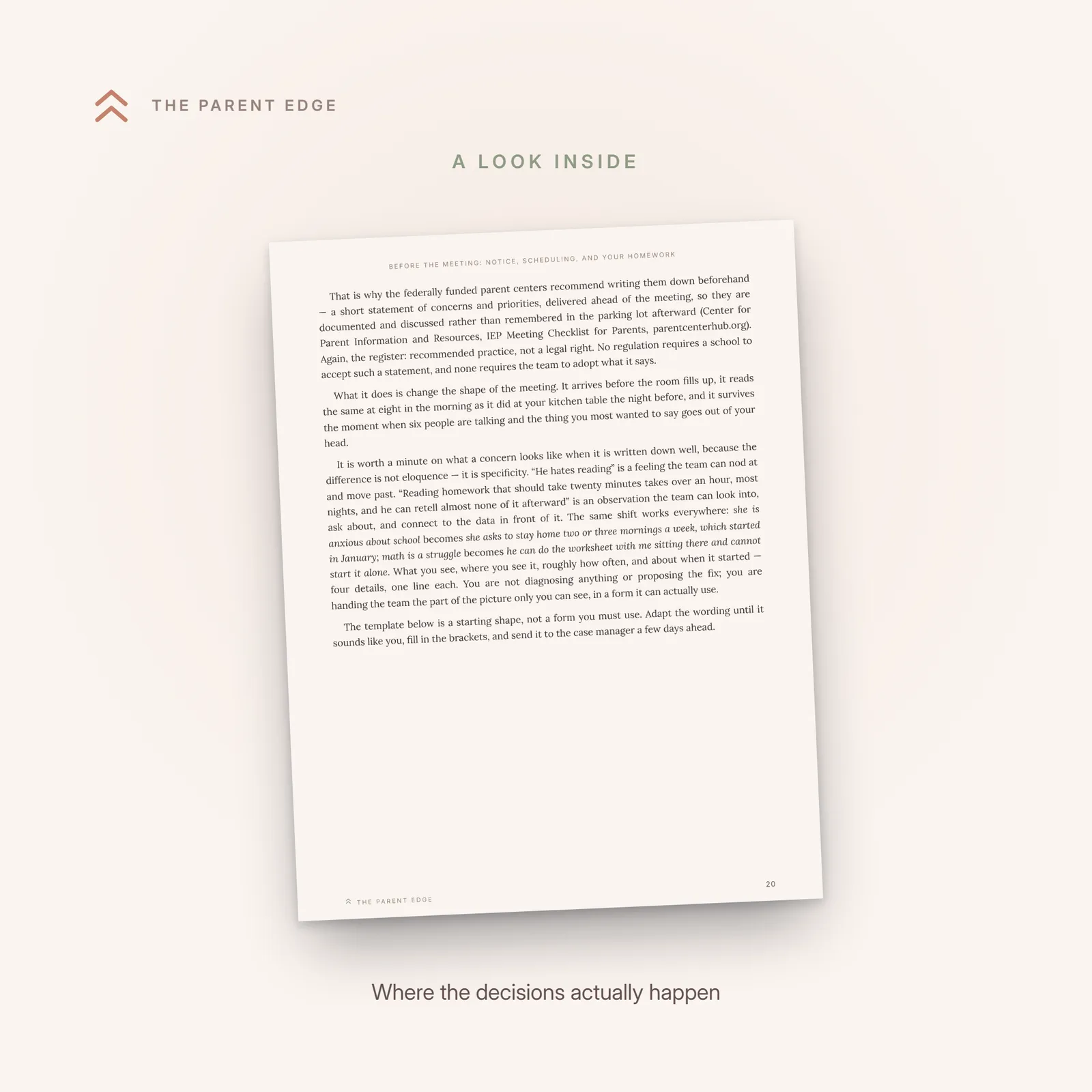 Sample page with a flow figure showing where IEP decisions actually happen: staff may prepare a draft, the team meets with the parent as a member, and what is proposed or refused arrives in writing.