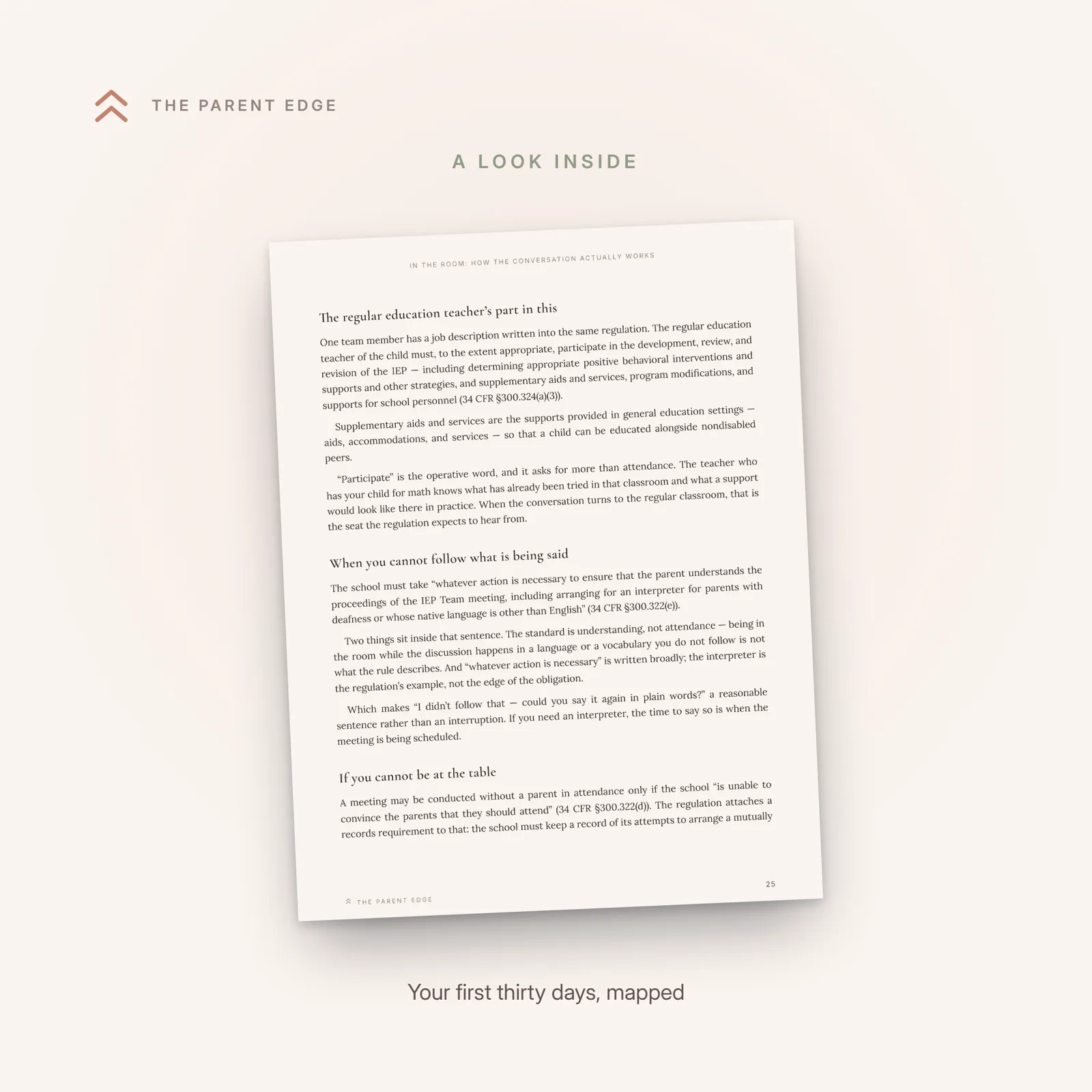 Sample page of the Days 11 to 30 checklist - the people half of the first thirty days after the meeting, from the hello email to calendaring the next annual review.