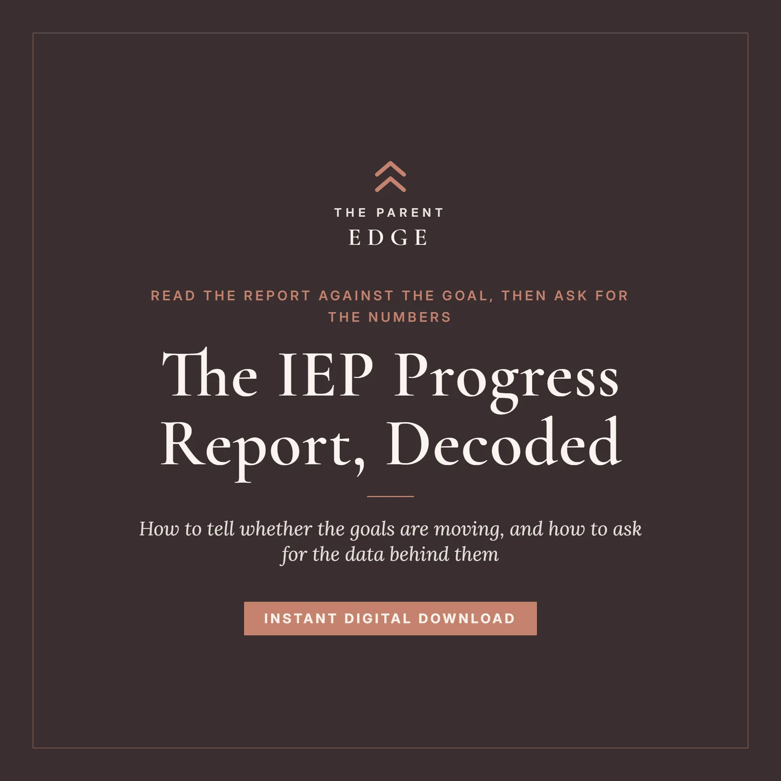 Cover card on blush ivory paper with the dusty clay-rose wordmark The Parent Edge, the kicker Read the report against the goal, then ask for the numbers, the title The IEP Progress Report, Decoded, the subtitle How to tell whether the goals are moving, and how to ask for the data behind them, and the line Instant Digital Download.