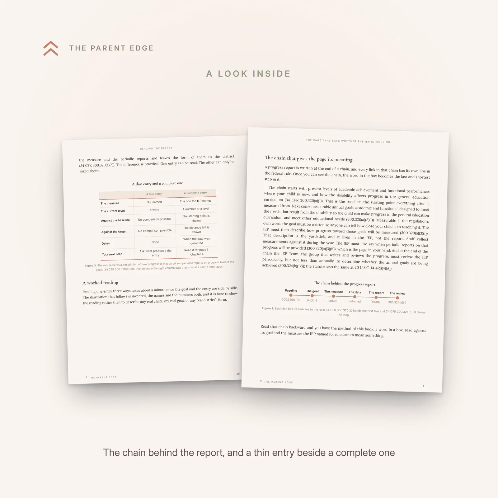 Two angled interior pages: the timeline of the chain from present levels to review, and the comparison of a thin progress-report entry beside a complete one.