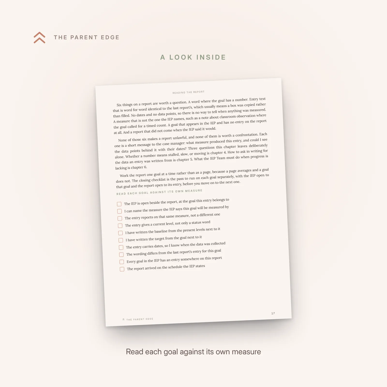 Interior page with the checklist Read each goal against its own measure, ten boxed items below the prose that introduces it.