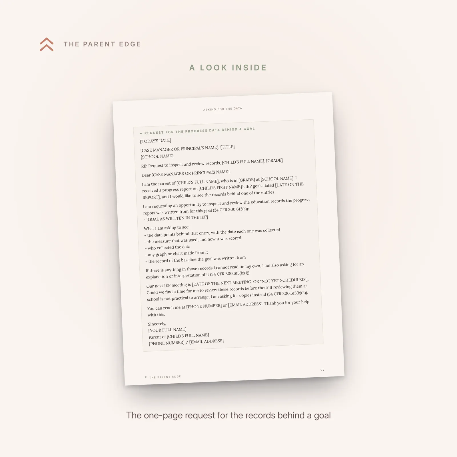 Interior page showing the one-page fill-in request for the progress data behind a goal, with bracketed placeholders and a list of what to ask for.