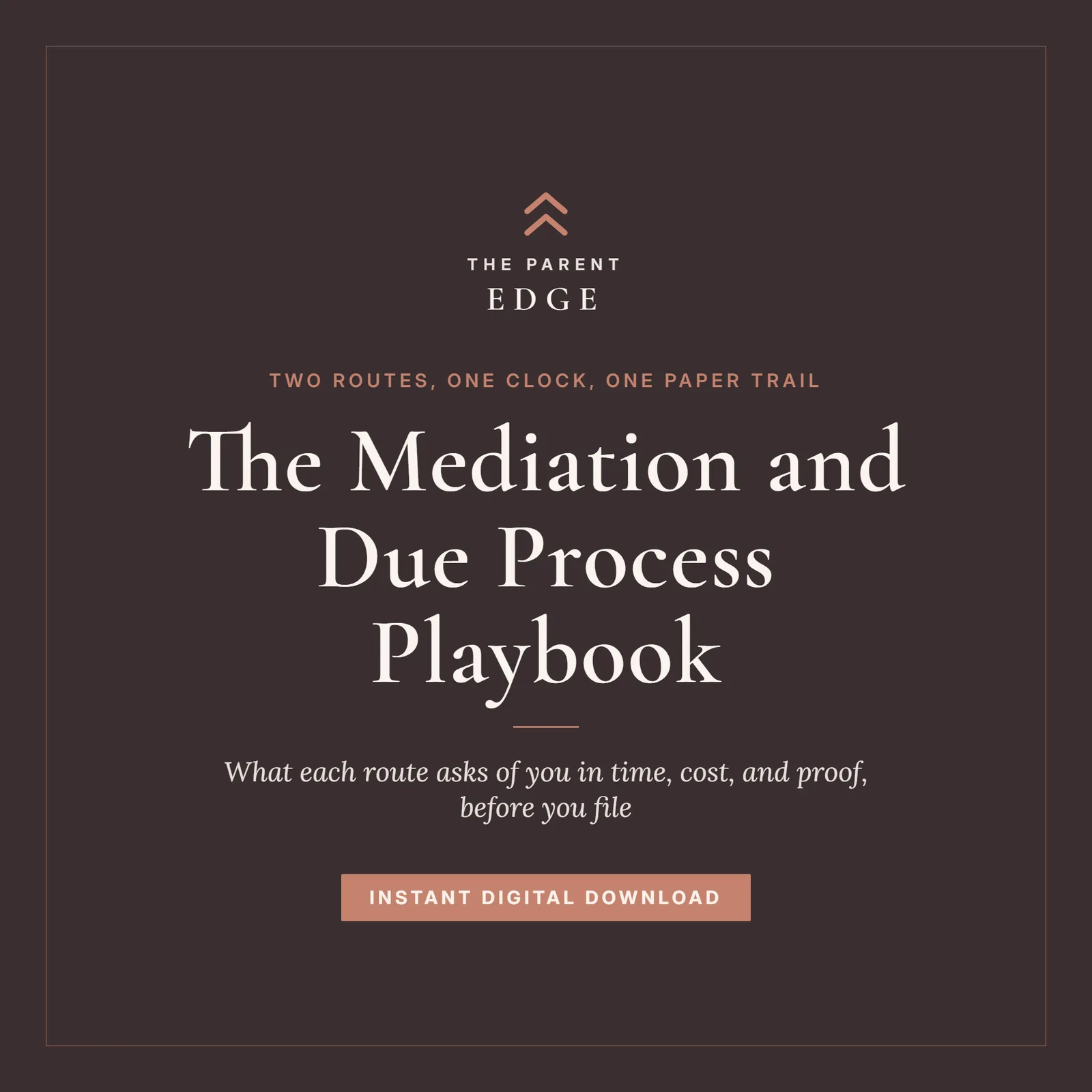 Cover card on blush ivory paper with the dusty clay-rose wordmark The Parent Edge, the kicker Two routes, one clock, one paper trail, the title The Mediation and Due Process Playbook, the subtitle What each route asks of you in time, cost, and proof, before you file, and the foot line Instant Digital Download.