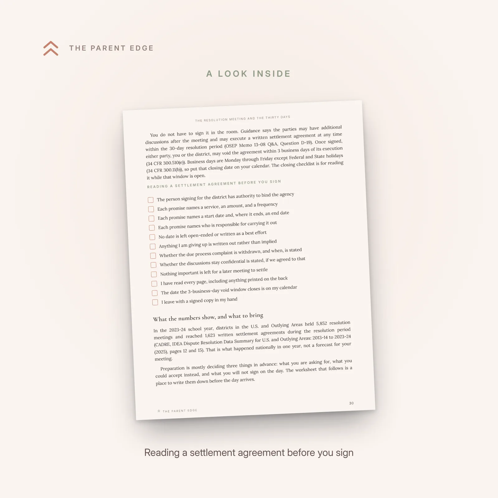 Interior page with the checklist Reading a settlement agreement before you sign, twelve boxed items below the prose that introduces it.