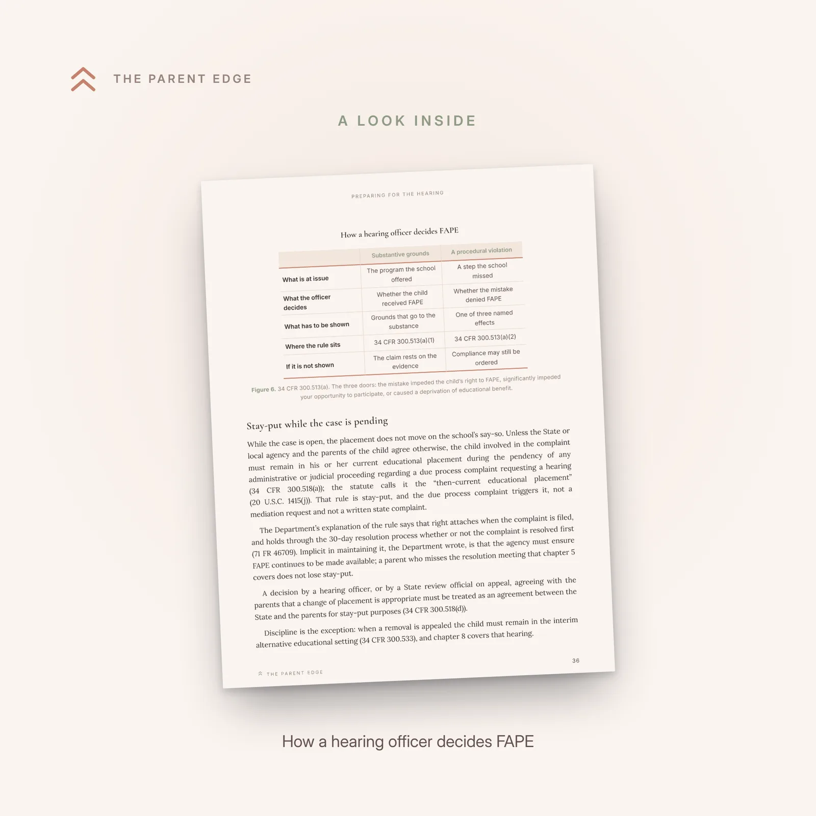 Interior page with the comparison figure How a hearing officer decides FAPE, substantive grounds beside a procedural violation.