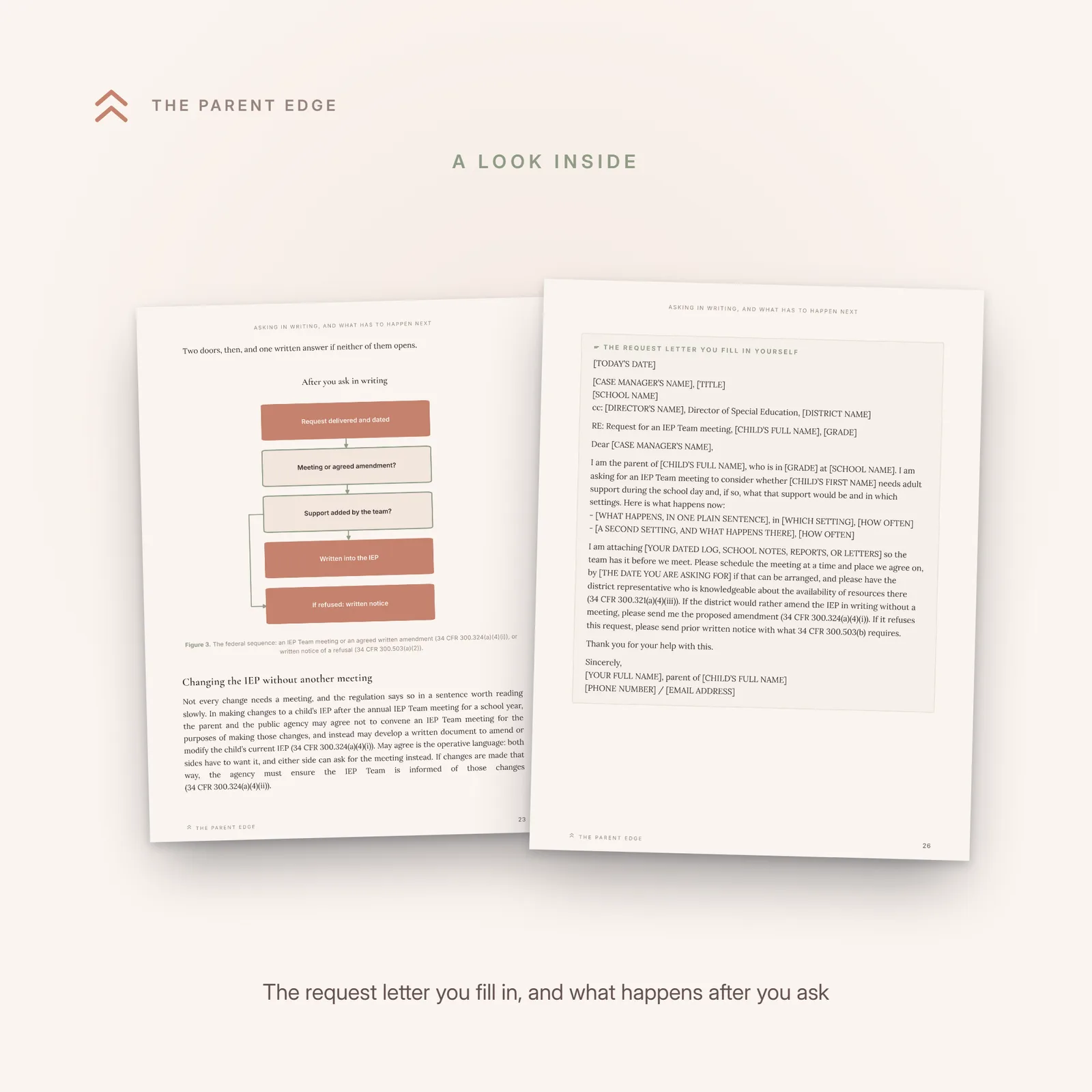 Two interior pages fanned side by side: the blank one-page request letter with bracketed fill-in fields, and the flow figure showing what happens after you ask in writing.