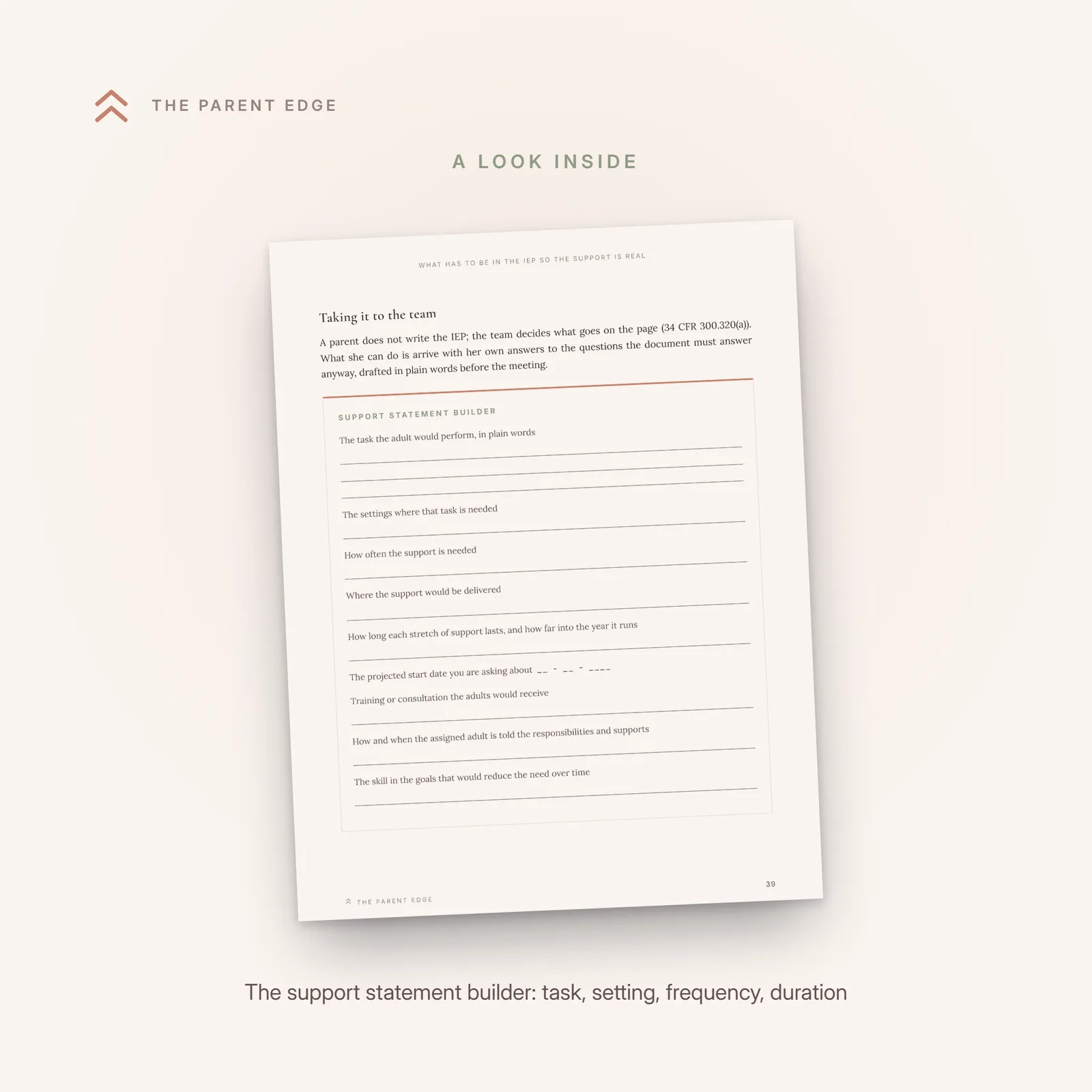 Interior page showing the worksheet Support statement builder, with ruled lines for the task, the settings, frequency, location, duration, start date, and the training for the adults.