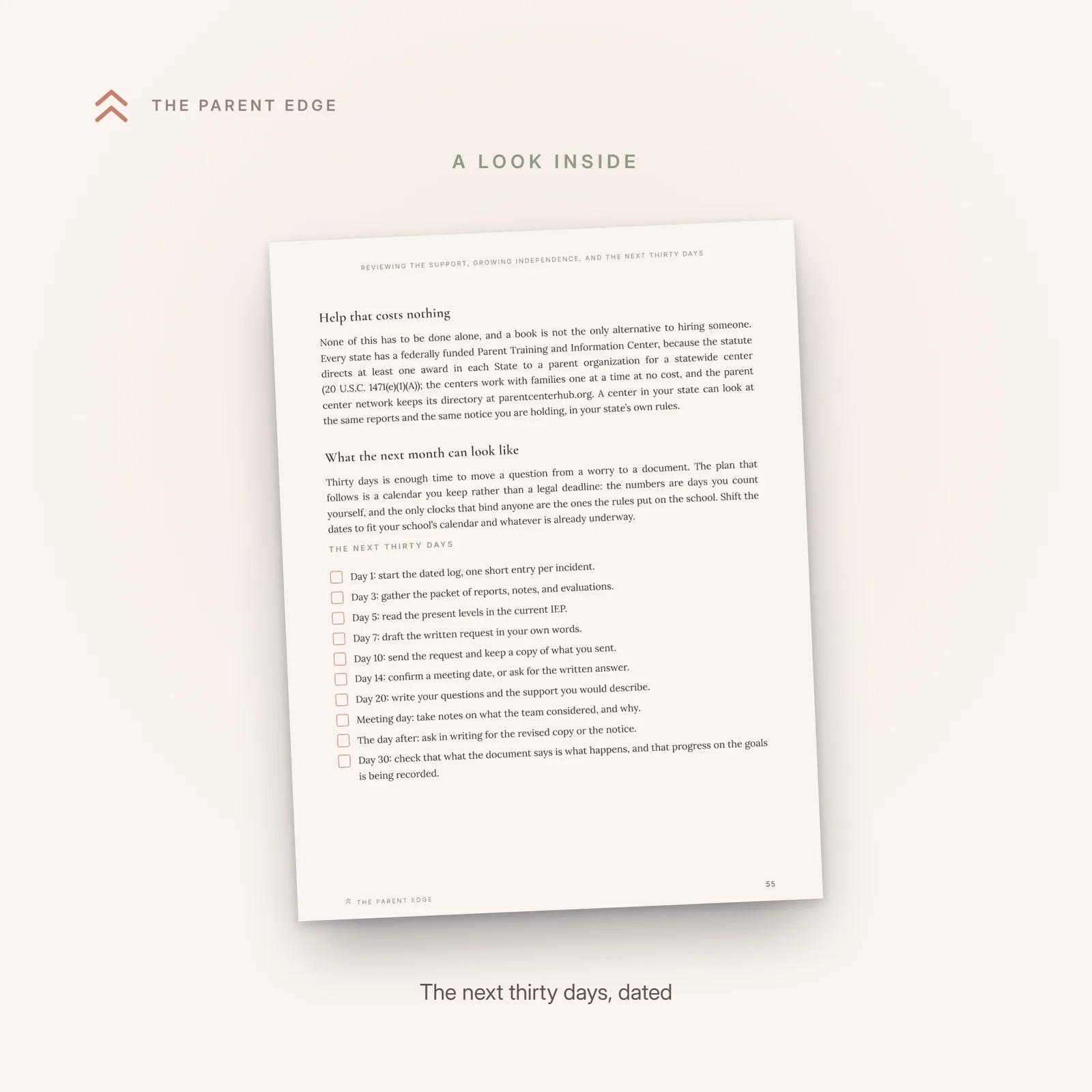 Interior page showing the checklist The next thirty days, eleven dated steps from starting the log to checking that progress on the goals is being recorded, beneath the section on free help.