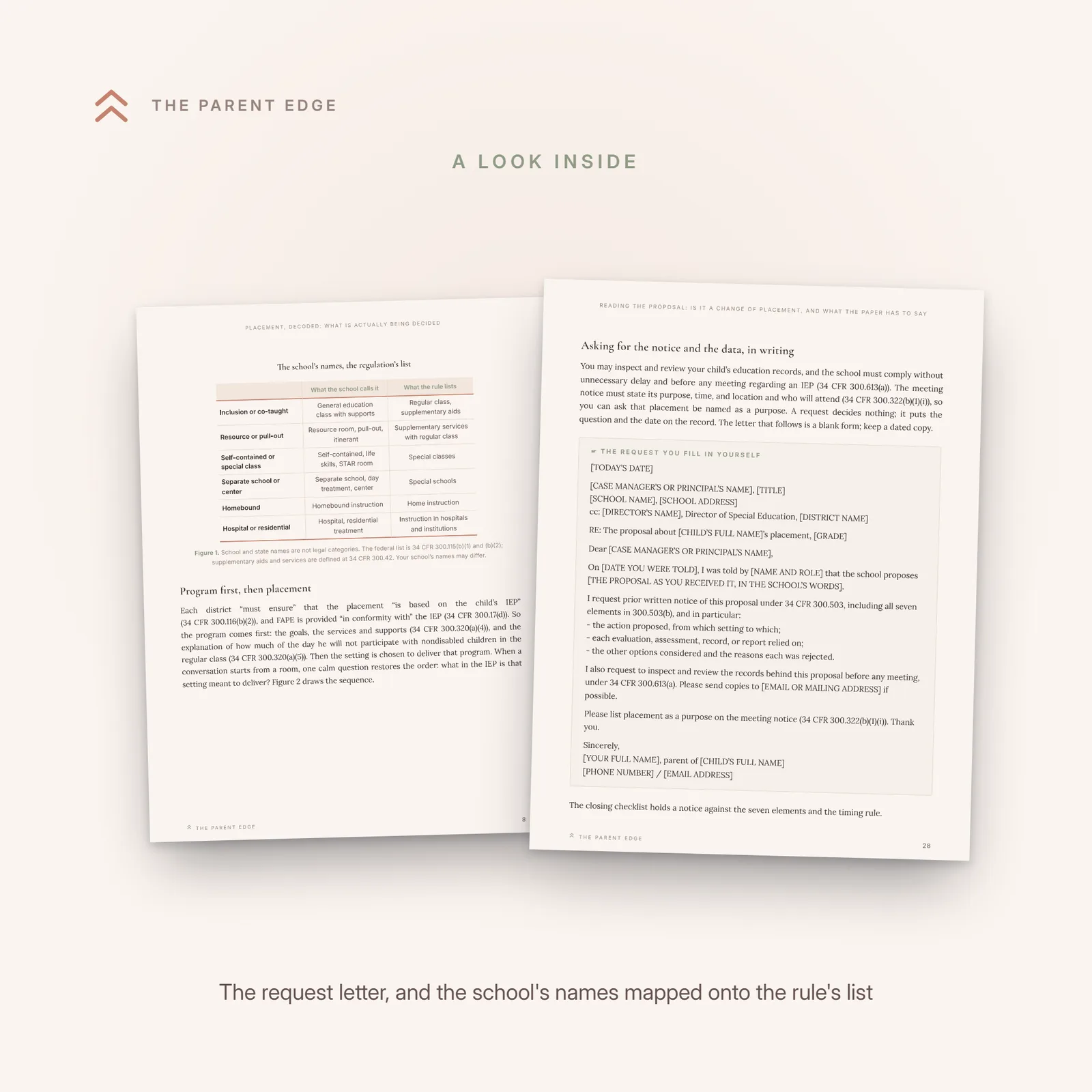 Two interior pages of the guide fanned side by side: the blank request letter for the written notice and the records, and the figure that maps the school's names for settings onto the regulation's list of placements.