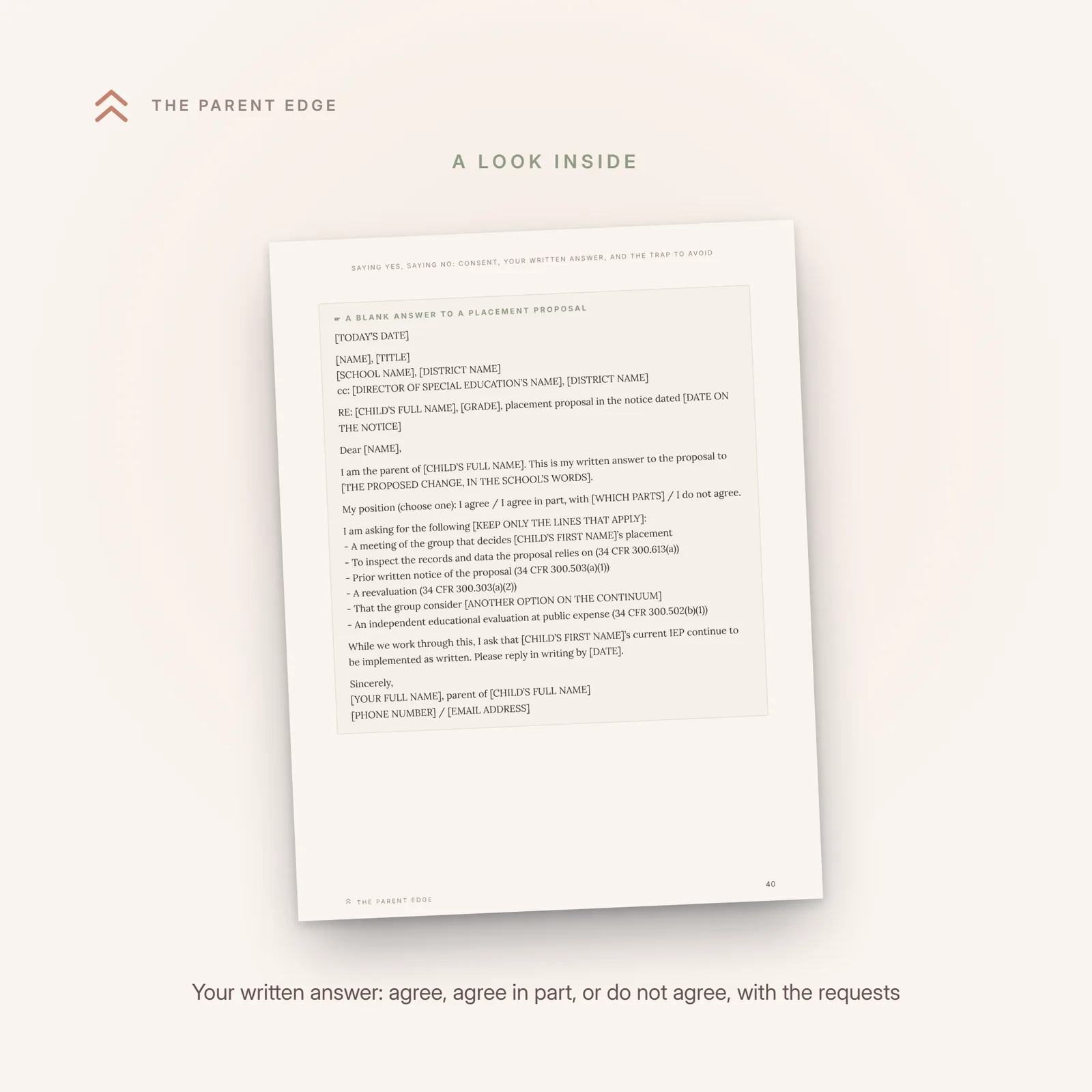 An interior page showing the blank written-answer letter a parent fills in: agree, agree in part, or do not agree, with the rule-tied requests.
