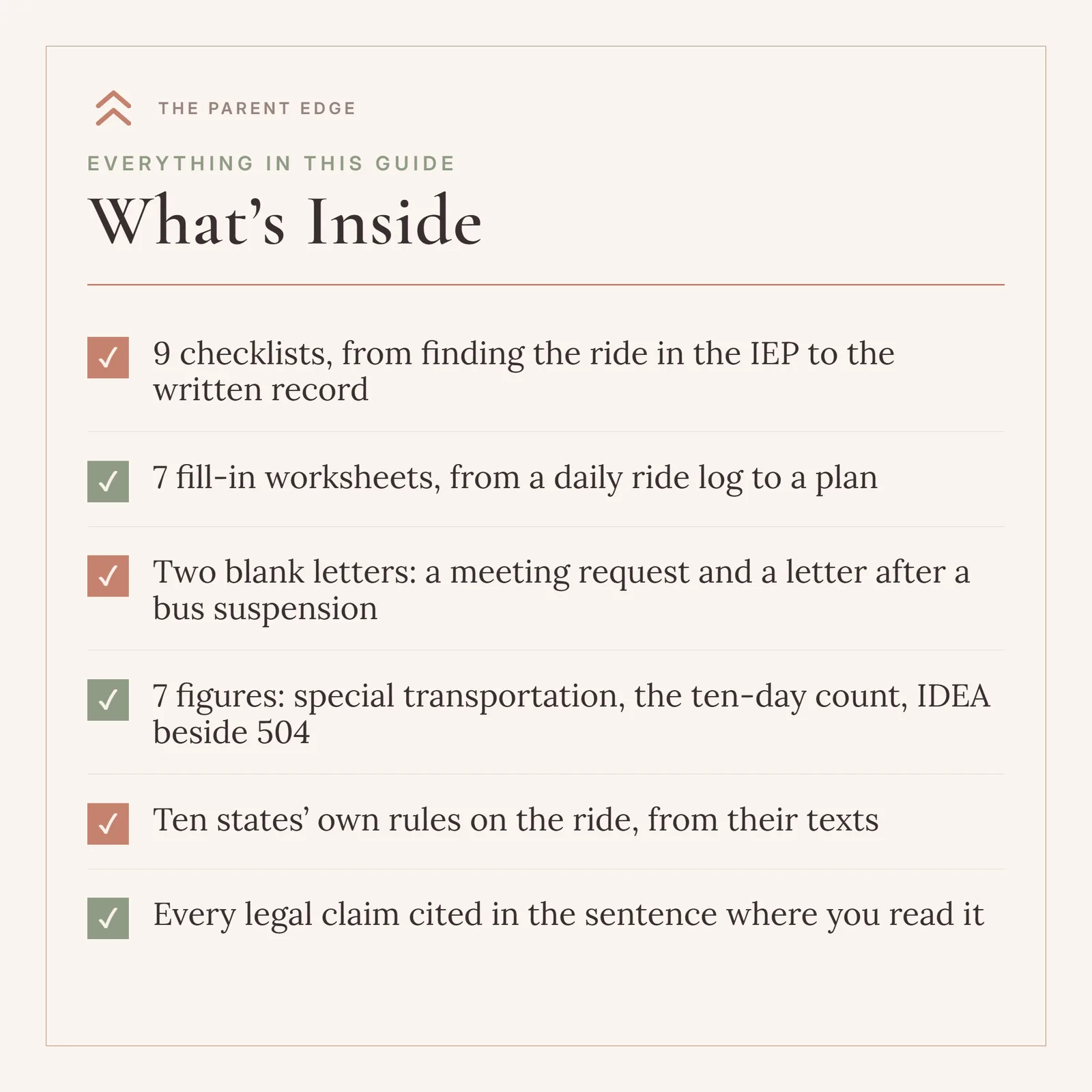 What’s Inside card listing 9 checklists, from finding the ride in the IEP to the written record; 7 fill-in worksheets, from a daily ride log to a plan; two blank letters, a meeting request and a letter after a bus suspension; 7 figures; ten states’ own rules on the ride; and every legal claim cited in the sentence where you read it.