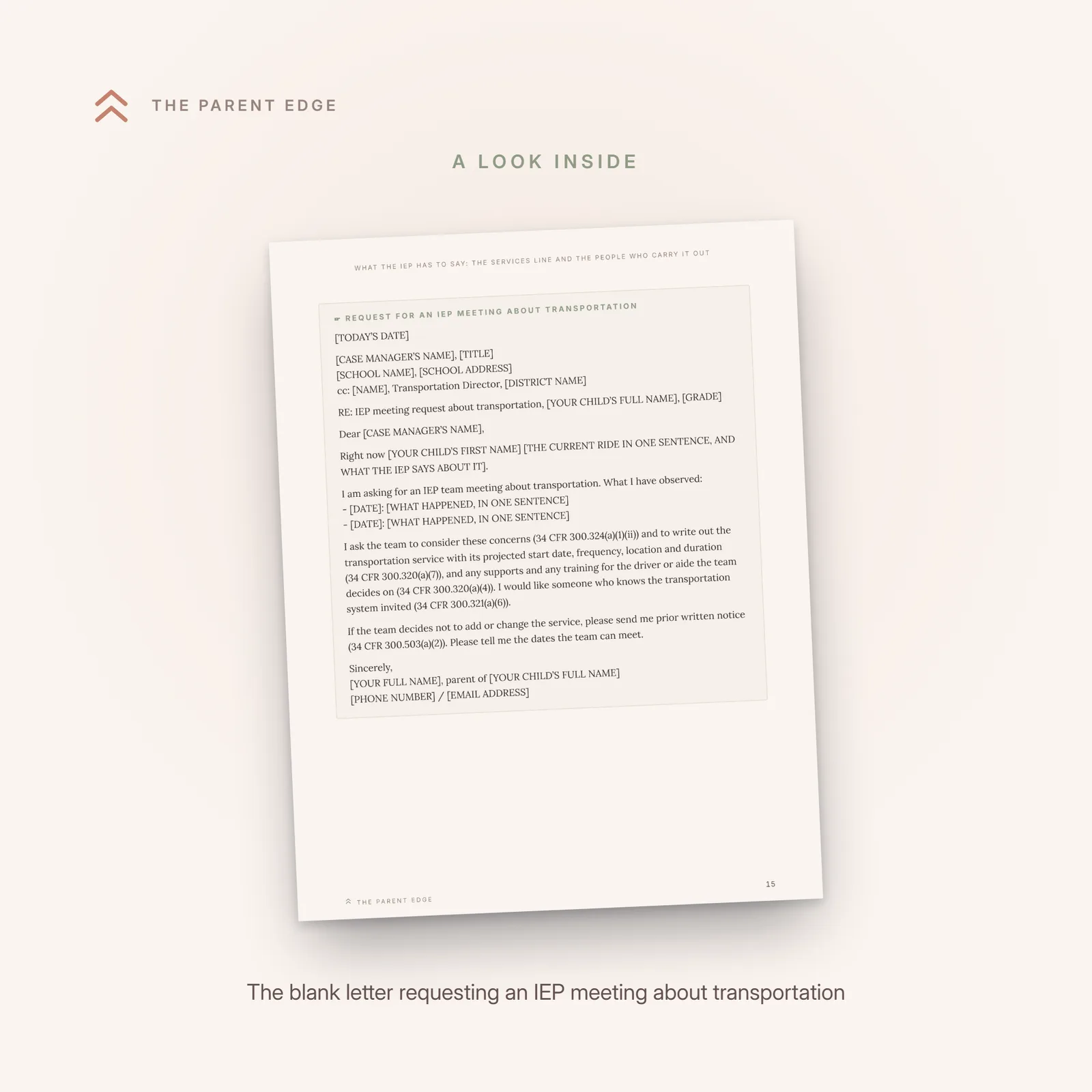 Sample page showing the blank fill-in letter Request for an IEP meeting about transportation, with bracketed placeholders.