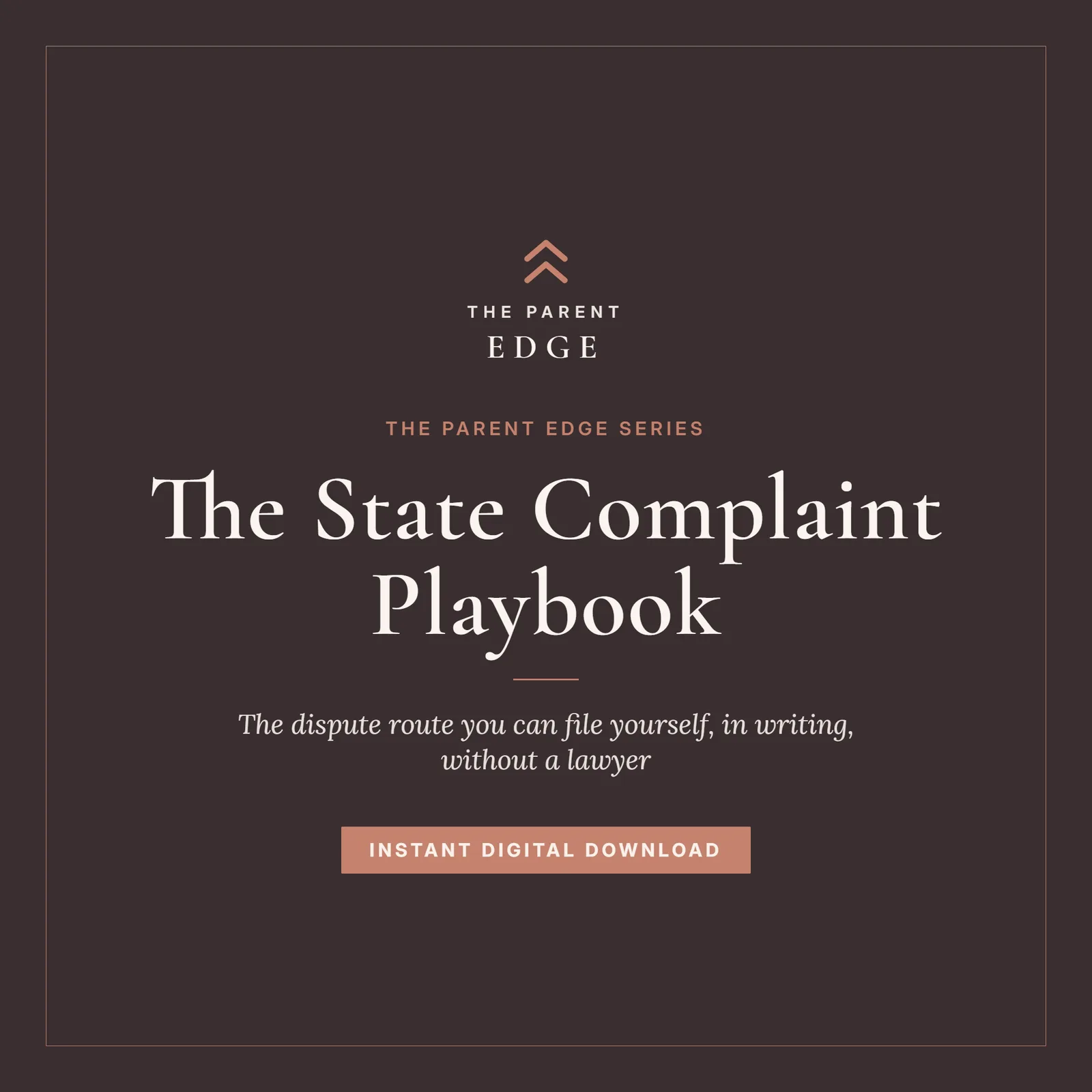 Cover of The State Complaint Playbook, set on the blush ivory and dusty clay-rose Parent Edge palette. The kicker reads The Parent Edge Series above the title, with the line The dispute route you can file yourself, in writing, without a lawyer beneath it, and Instant Digital Download at the foot.