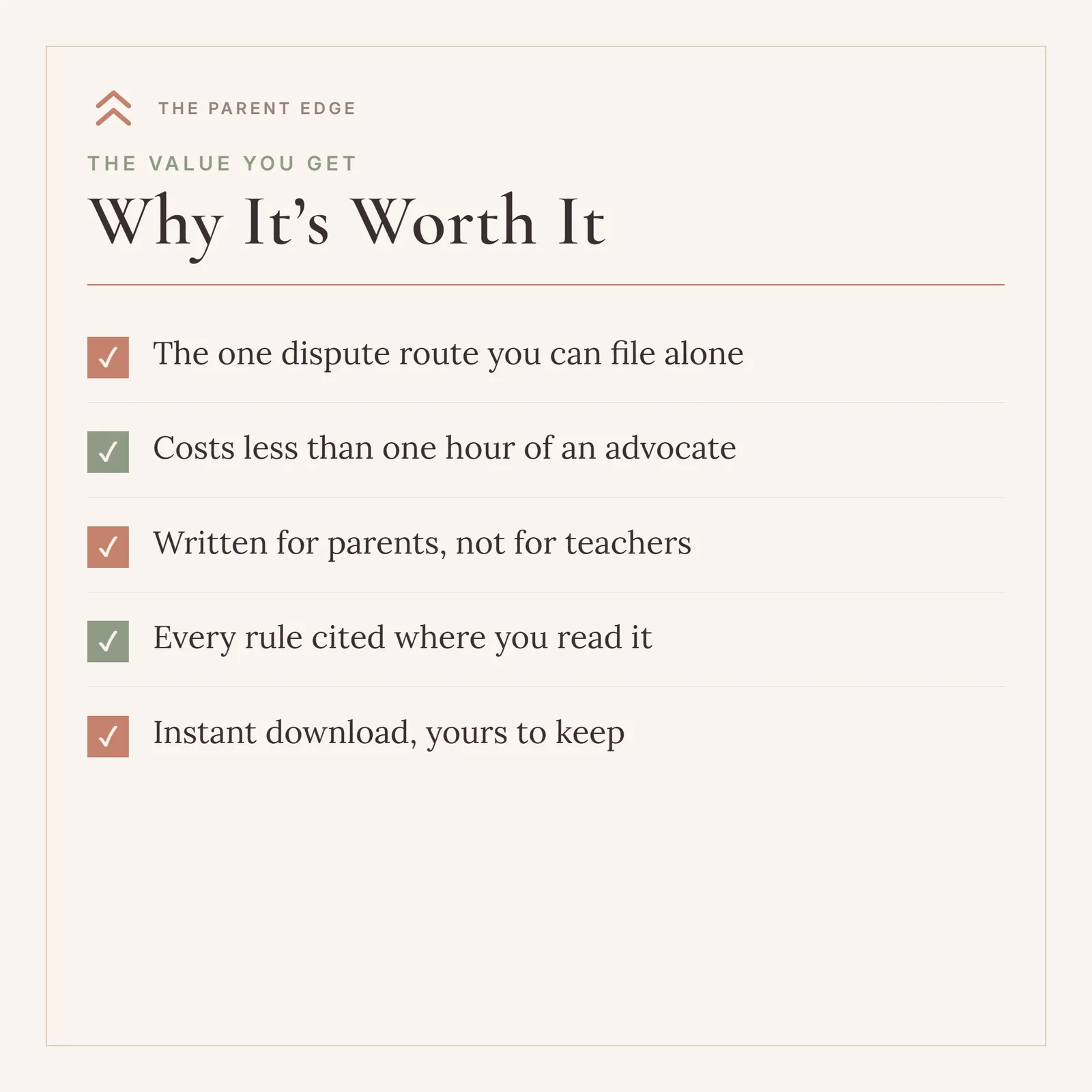 A Why It's Worth It card headed The value you get, listing five ticked benefits: The one dispute route you can file alone; Costs less than one hour of an advocate; Written for parents, not for teachers; Every rule cited where you read it; and Instant download, yours to keep.