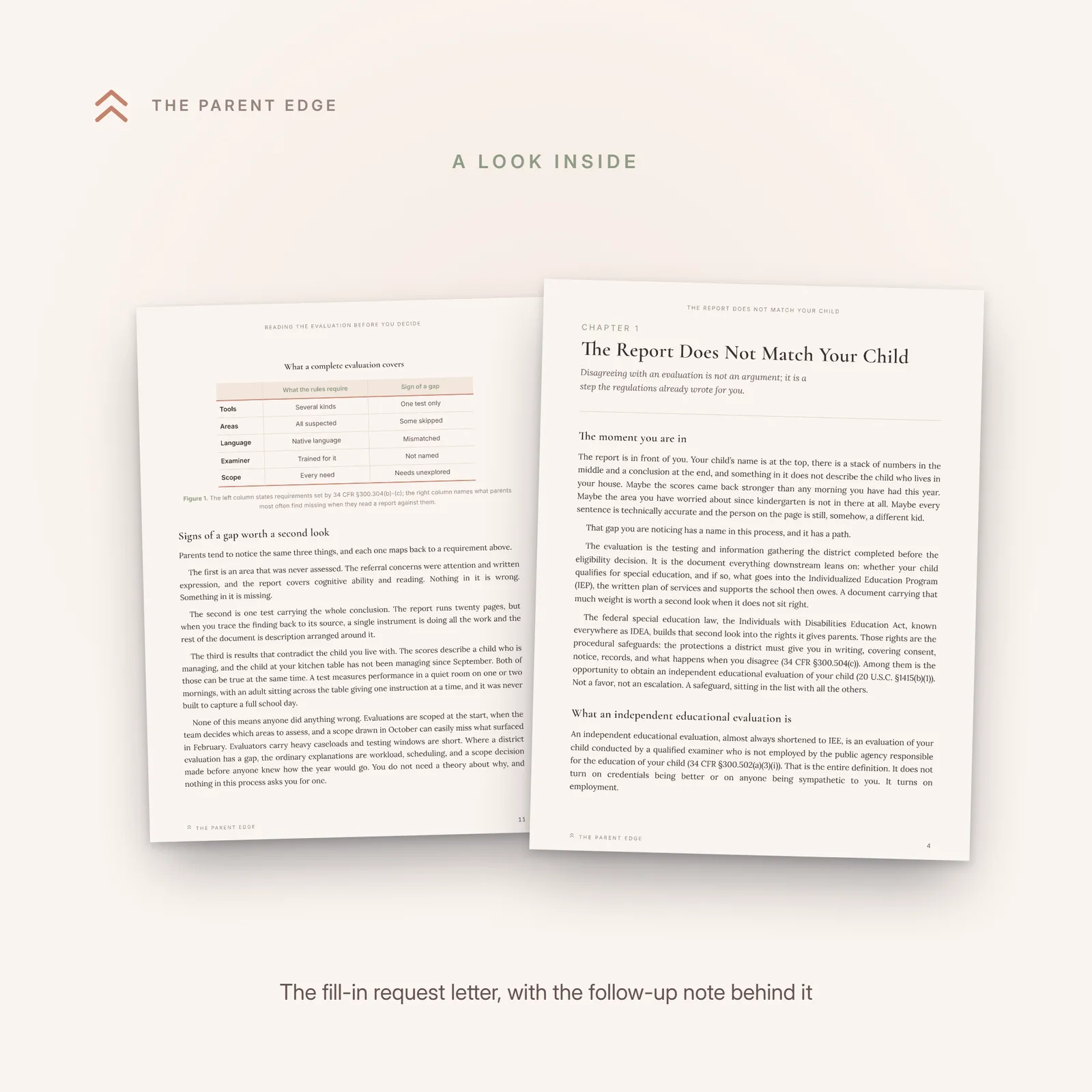 Two fill-in templates from inside the guide shown as a two-page mockup: the IEE request letter in front, with the three-sentence follow-up note behind it.