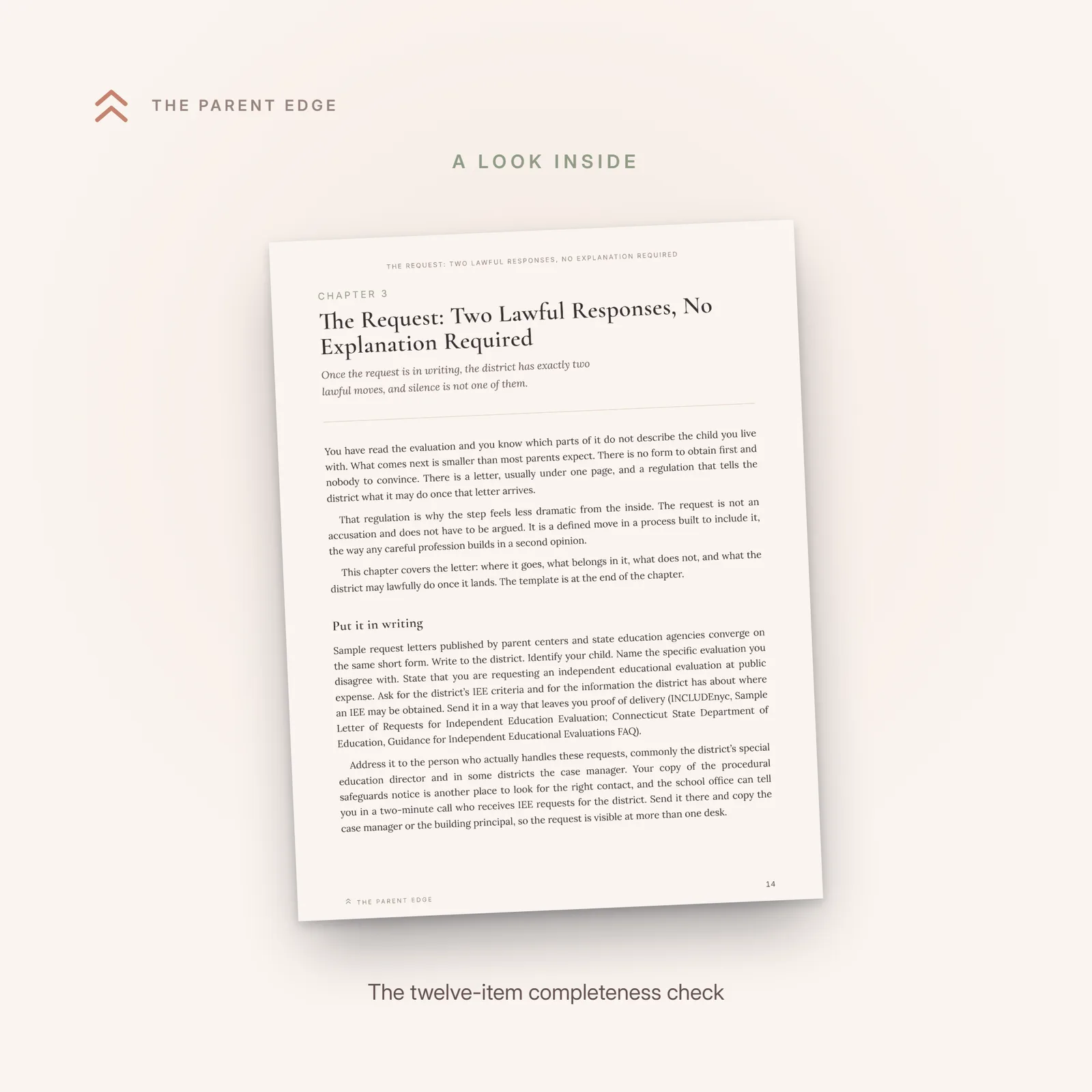 A page from the guide showing the completeness check, a twelve-item checklist of what every district evaluation must include.