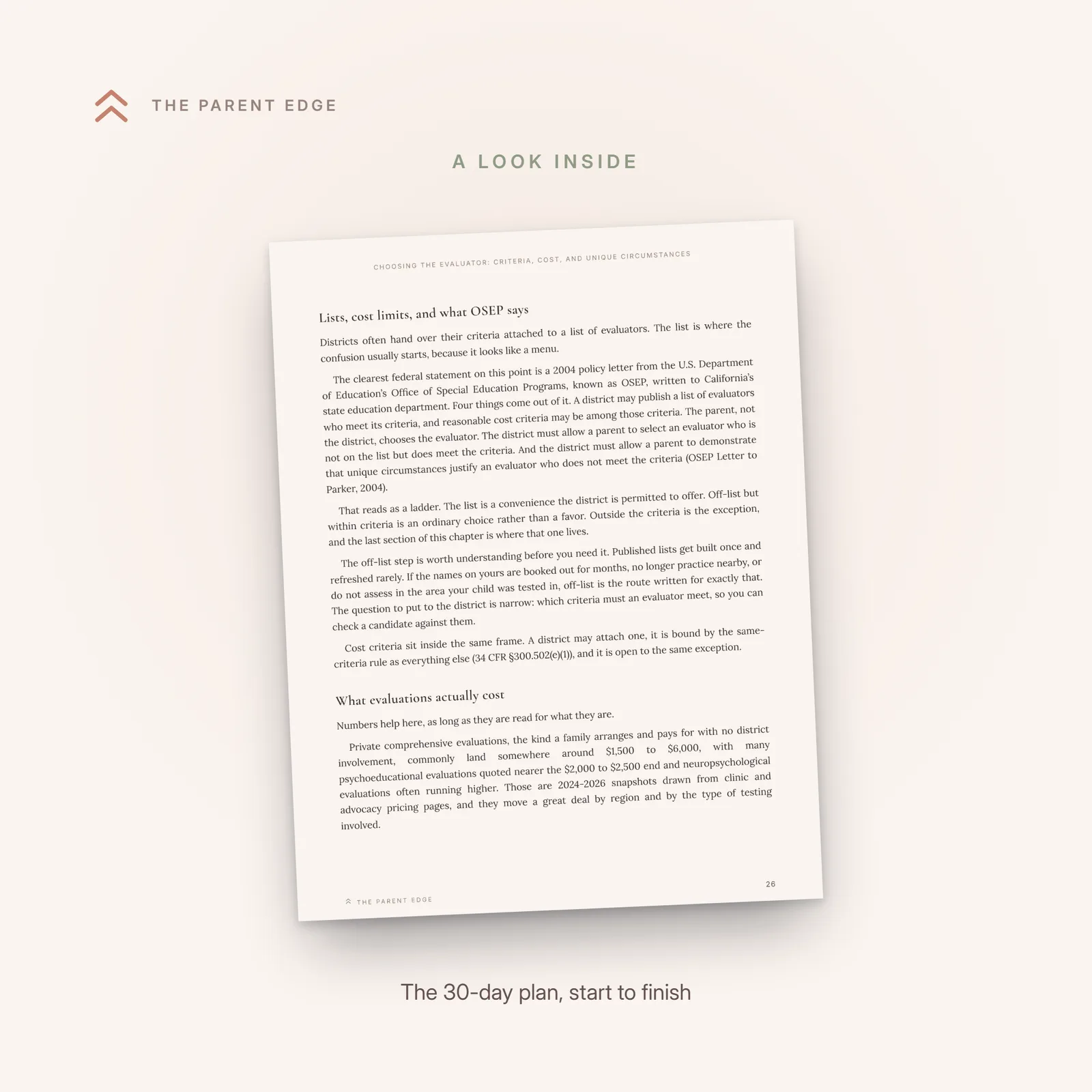 A page from the guide showing the 30-day plan checklist, sequencing the process from rereading the report to booking the evaluation.