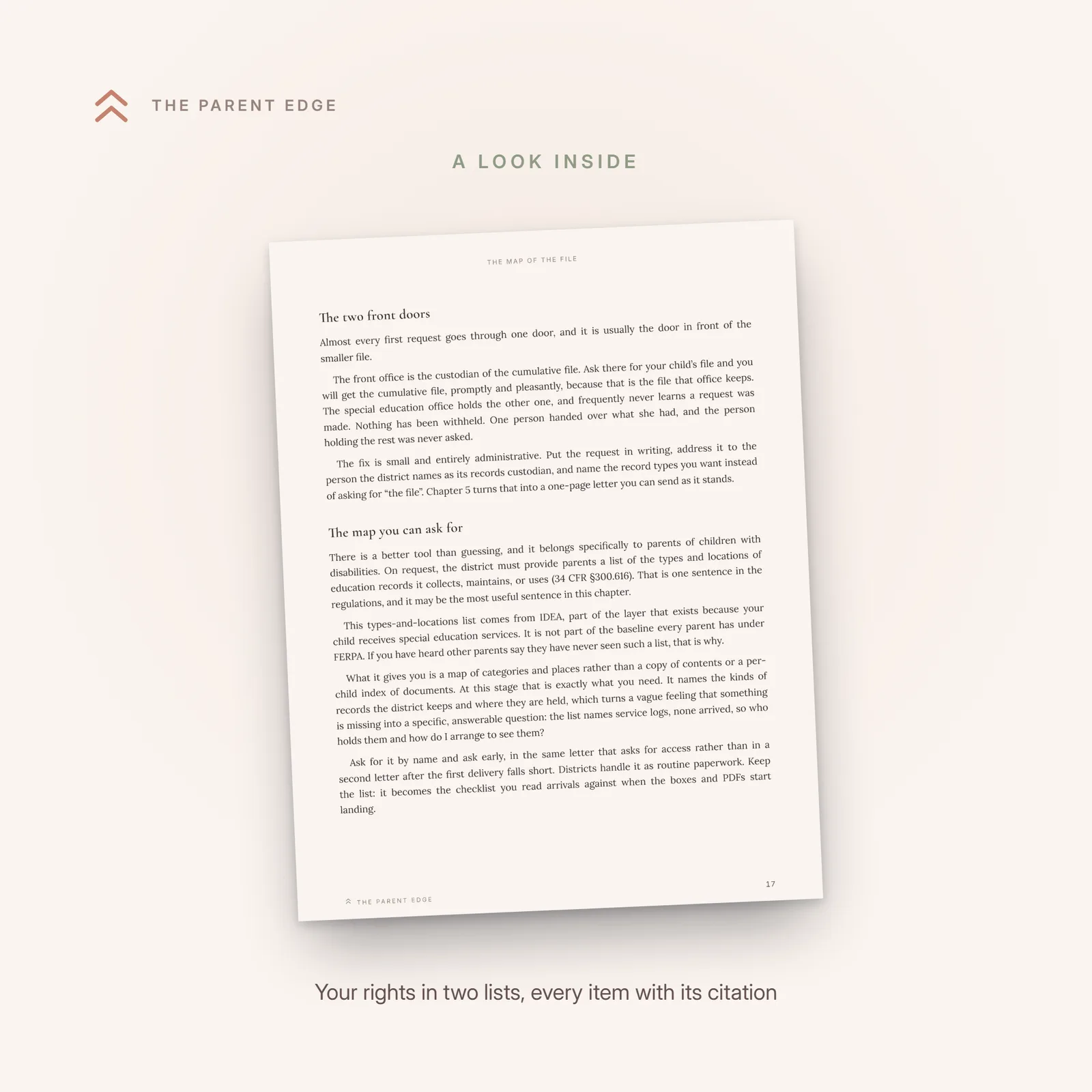 Interior page with two rights checklists: every parent’s FERPA rights and the added IDEA layer for a child with an IEP, each item ending with its regulation citation.
